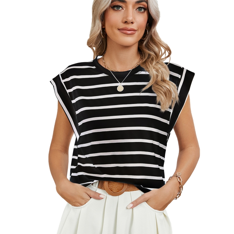 Women Stripe Style Summer Loose Top Basic T-Shirt Round Neck Casual Tank, Size: XL(Black)