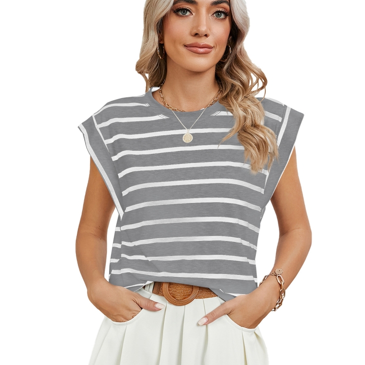 Women Stripe Style Summer Loose Top Basic T-Shirt Round Neck Casual Tank, Size: XL(Gray)
