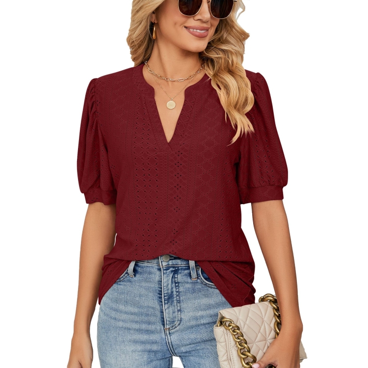 Women Summer Casual V-Neck Hollow Bubble Sleeve Loose T-Shirt, Size: M(Wine Red)
