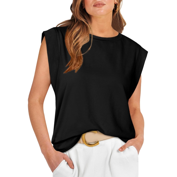 Women Summer Loose Top Basic T-Shirt Round Neck Casual Tank, Size: M(Black)