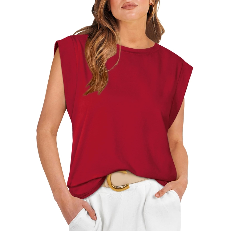 Women Summer Loose Top Basic T-Shirt Round Neck Casual Tank, Size: XL(Wine Red)
