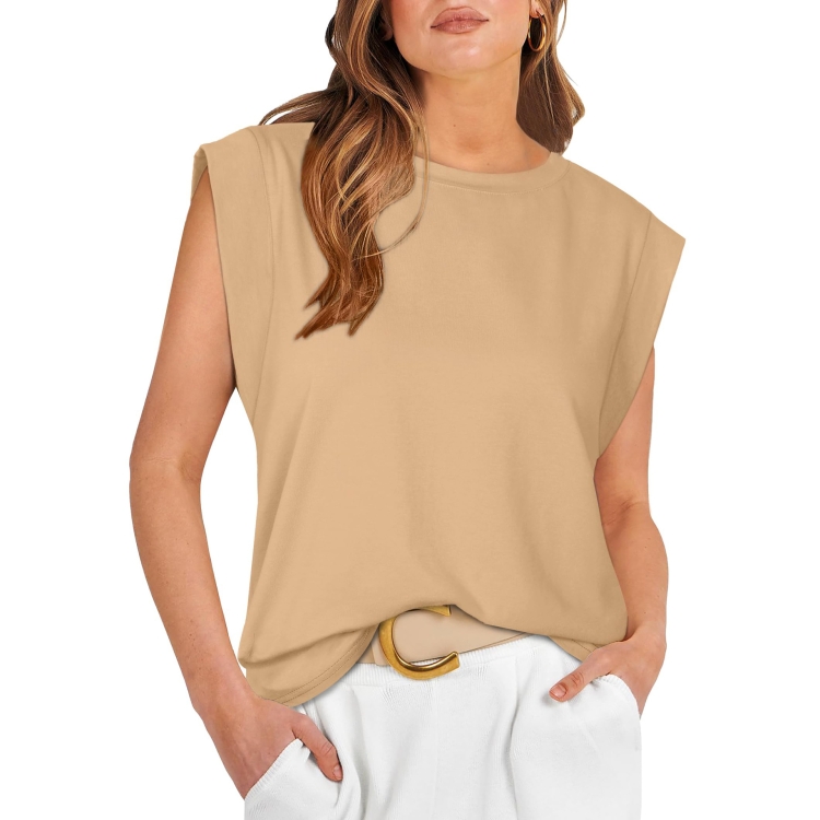 Women Summer Loose Top Basic T-Shirt Round Neck Casual Tank, Size: XXL(Apricot)