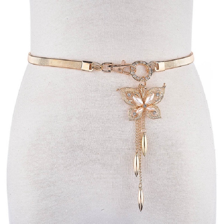 Women Thin Belt Metal Rhinestone Decorative Waist Chain, Length:62cm, Style:Four Pearls Pendant