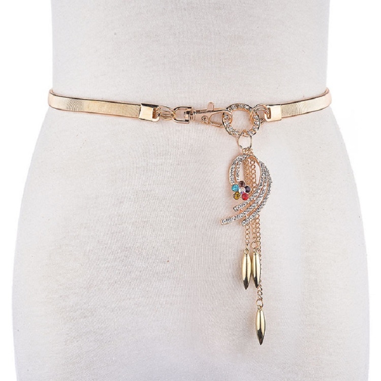 Women Thin Belt Metal Rhinestone Decorative Waist Chain, Length:68cm, Style:Five-color Peacock Tail Pendant