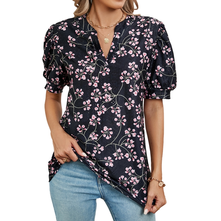 Women V-neck Loose Short-sleeved Printed T-shirt Top, Size: XL(Cherry Blossom)