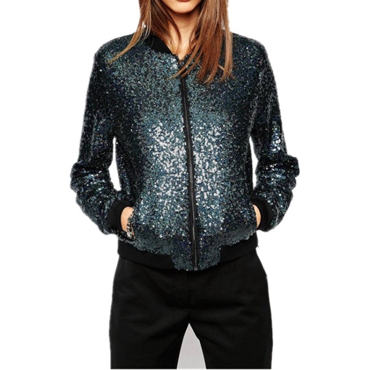 Women Wild Casual Sequin Jacket Short Coat (Color:Blue Size:XXL)