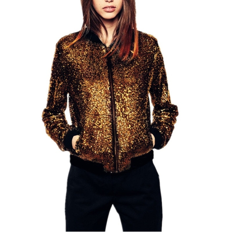Women Wild Casual Sequin Jacket Short Coat (Color:Gold Size:L)