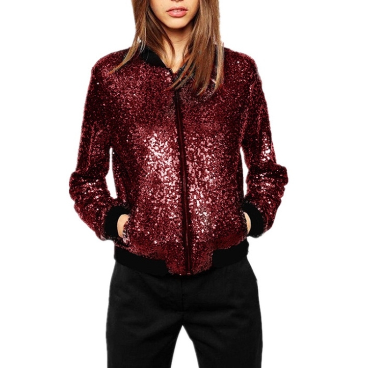 Women Wild Casual Sequin Jacket Short Coat (Color:Wine Red Size:M)