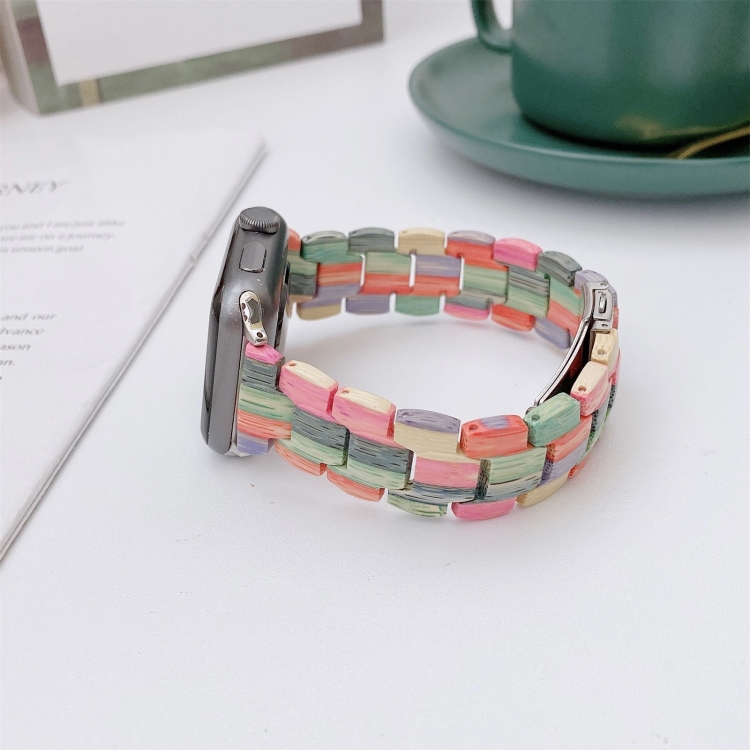 Wooden Bead Woven Watch Band For Apple Watch Ultra 49mm&Watch Ultra 2 49mm / Series 9&8&7 45mm / SE 3&SE 2&6&SE&5&4 44mm / 3&2&1 42mm(Rainbow A)