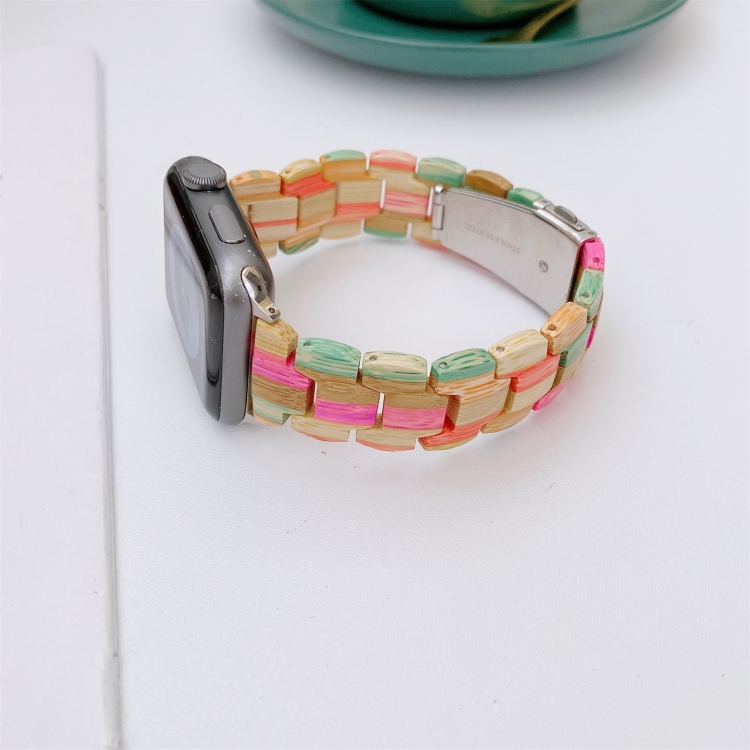 Wooden Bead Woven Watch Band For Apple Watch Ultra 49mm&Watch Ultra 2 49mm / Series 9&8&7 45mm / SE 3&SE 2&6&SE&5&4 44mm / 3&2&1 42mm(Rainbow B)