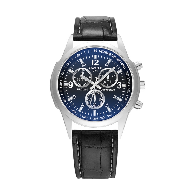 YAZOLE 271 Three-Eye Six-Hand Watch Men Auartz Watch Waterproof Business Watch(Black Dish Black Belt)