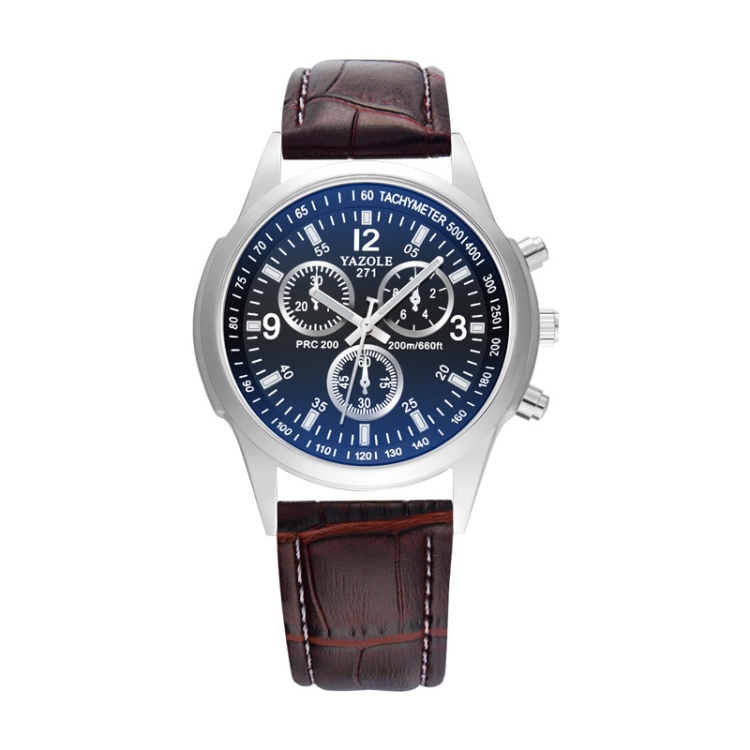 YAZOLE 271 Three-Eye Six-Hand Watch Men Auartz Watch Waterproof Business Watch(Black Tray Brown Belt)