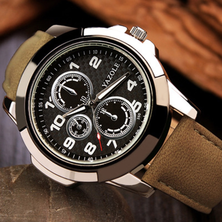 YAZOLE 350 Three-eyes Men Sports Watch Quartz Watch(Black Tray Brown Belt)