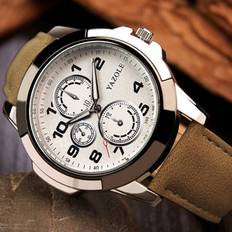 YAZOLE 350 Three-eyes Men Sports Watch Quartz Watch(White Tray Brown Belt)