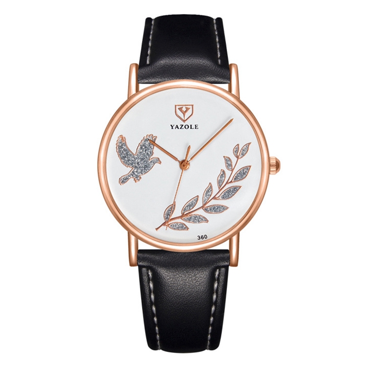 YAZOLE 360 Leather Band Dove of Peace Diamond Lady Watch(White+Black)