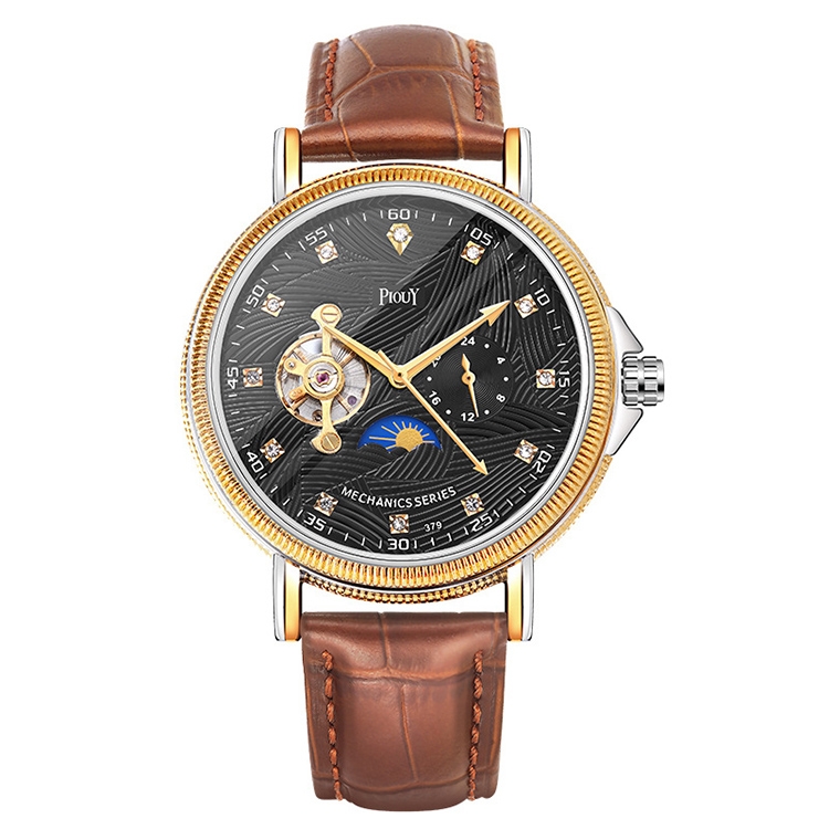 YAZOLE 379 Leather Band Large Dial Tourbillon Mechanical Watch(Black+Brown)