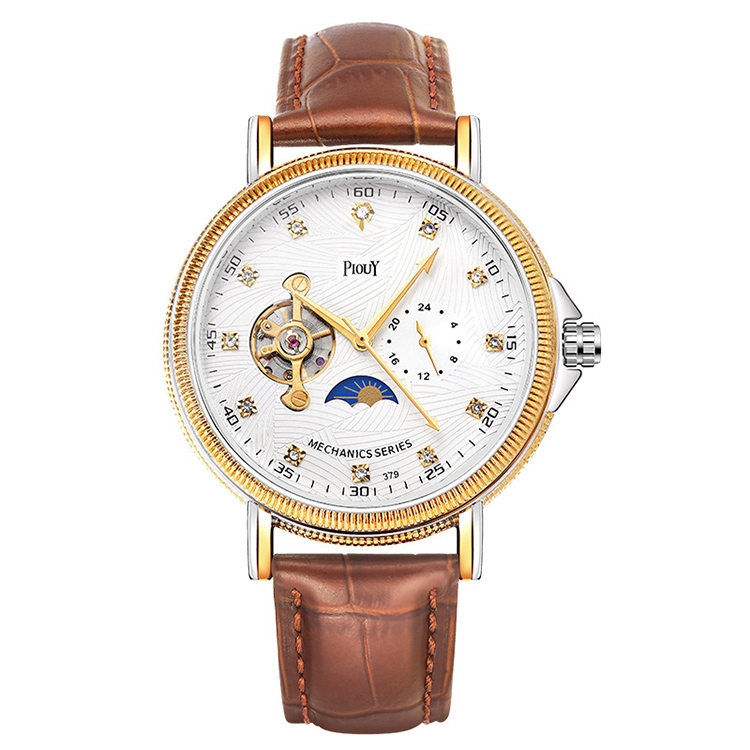 YAZOLE 379 Leather Band Large Dial Tourbillon Mechanical Watch(White+Brown)