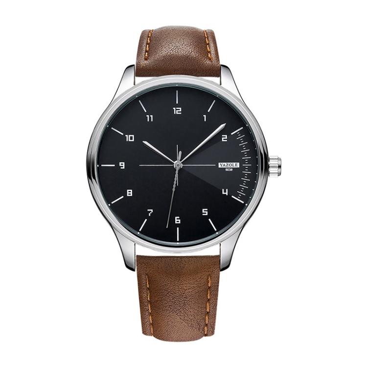 YAZOLE 502 Arabic Numerals Men Business Watch Fashion Quartz Watch(Silver Shell Black Tray Brown Belt)