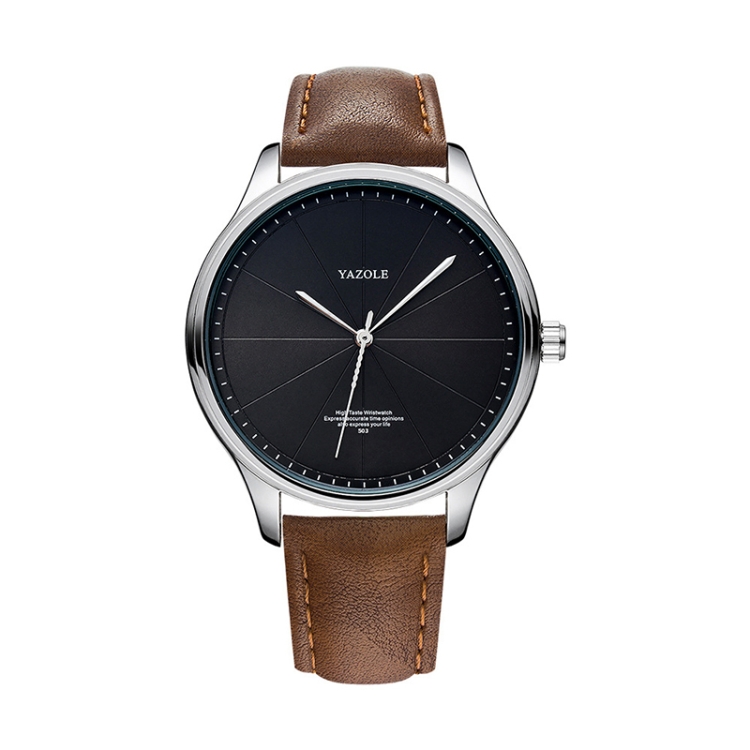 YAZOLE 503 Simple Line Pattern Dial Men Quartz Watch(Silver Shell Black Tray Brown Belt)