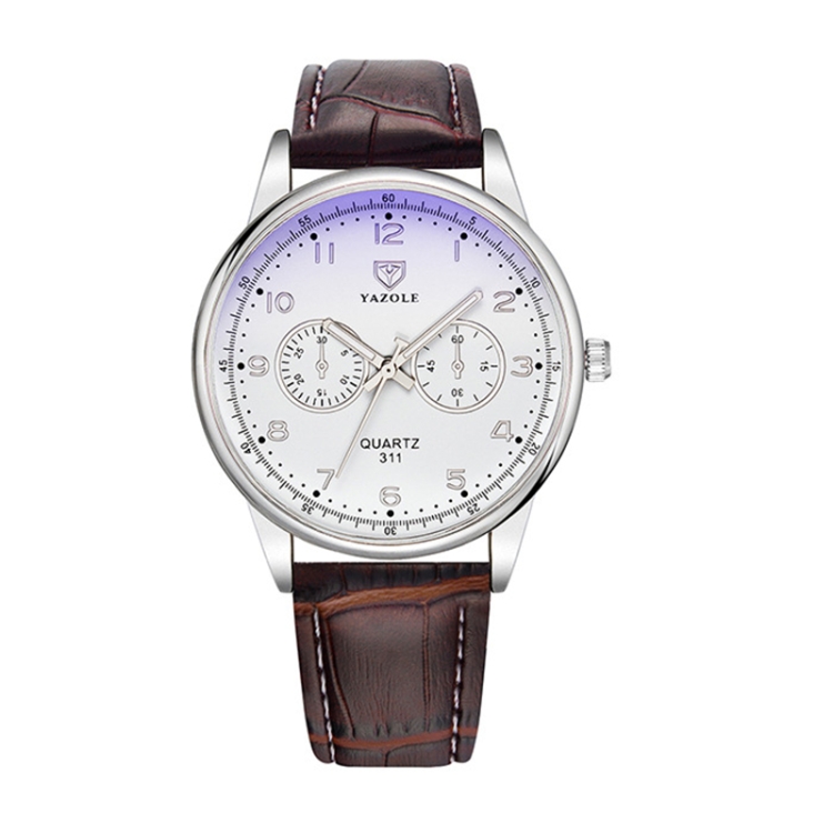 YAZOLE Men Business Quartz Watch(311 White Tray Brown Belt)