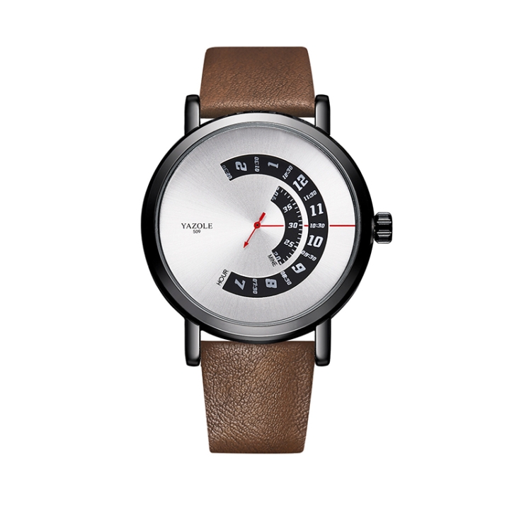 YAZOLE Turntable Men Quartz Watch(509 White Tray Brown Belt)