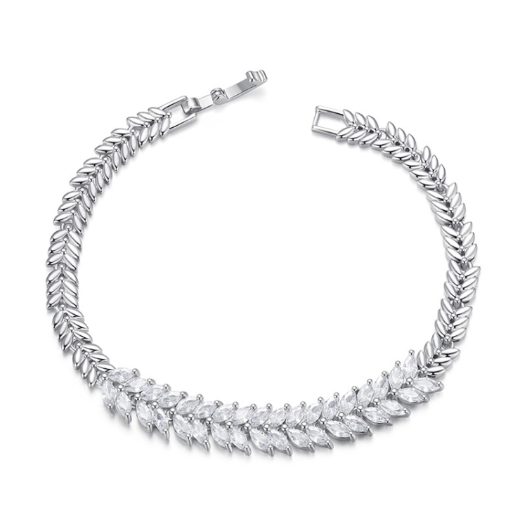 YIB067 Copper Platinum-plated Shining Zircon Wheat Ear Bracelet, Size: 17CM(White Silver)