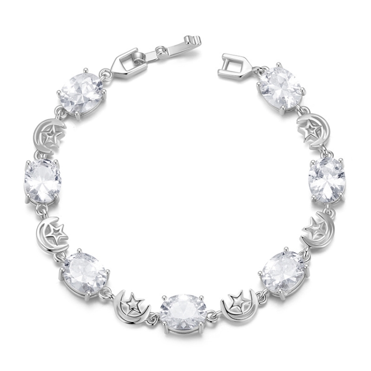 YIB068 Copper Platinum-plated Shining Star and Moon Zircon Bracelet, Size: 17CM(Silver)