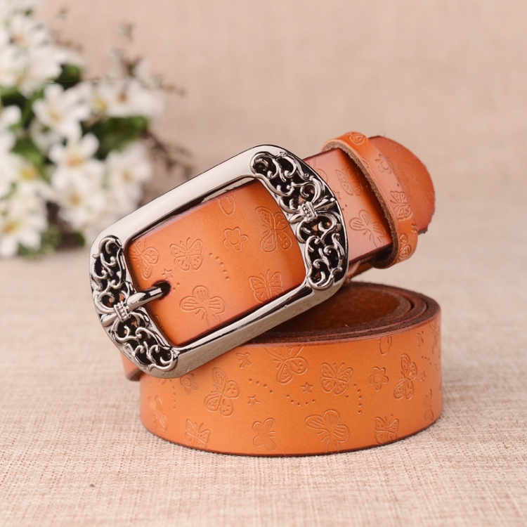 ZK--067 Retro Engraved Buckle Butterfly Print Pin Buckle Leather Belt, Length: 110cm(Brown)