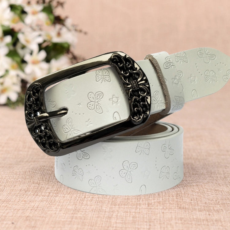 ZK--067 Retro Engraved Buckle Butterfly Print Pin Buckle Leather Belt, Length: 110cm(White)