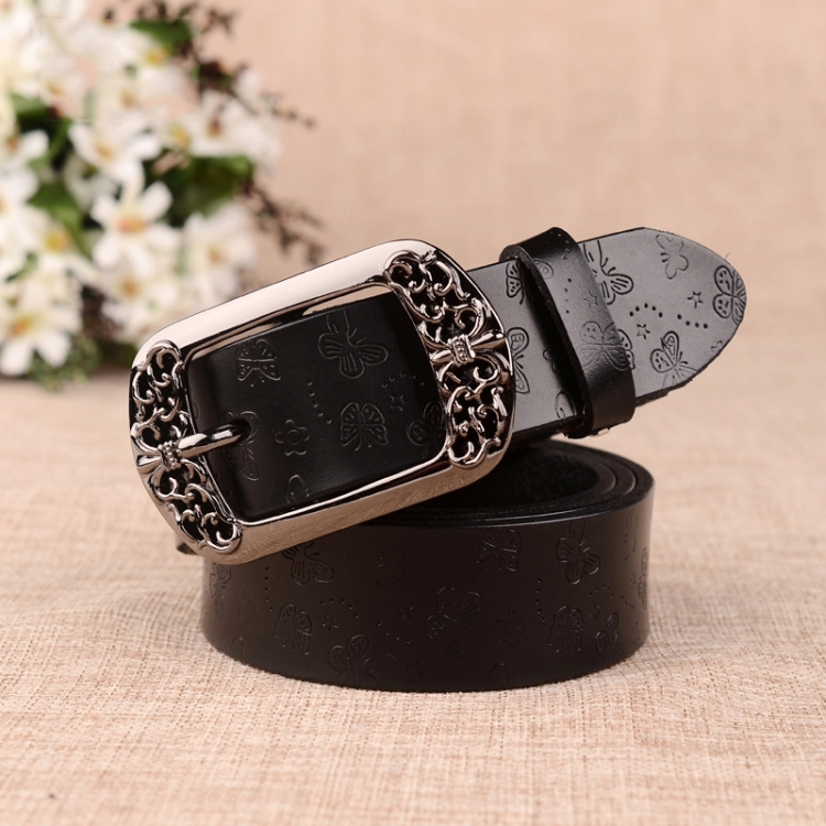 ZK--067 Retro Engraved Buckle Butterfly Print Pin Buckle Leather Belt, Length: 115cm(Black)