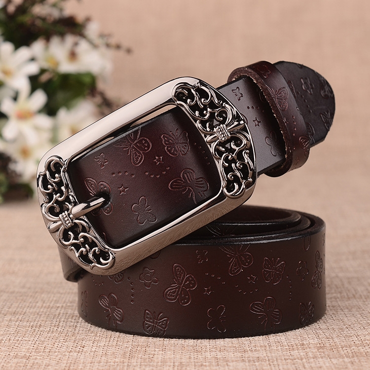 ZK--067 Retro Engraved Buckle Butterfly Print Pin Buckle Leather Belt, Length: 115cm(Coffee)
