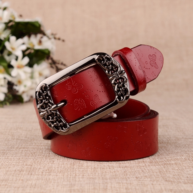 ZK--067 Retro Engraved Buckle Butterfly Print Pin Buckle Leather Belt, Length: 115cm(Red)